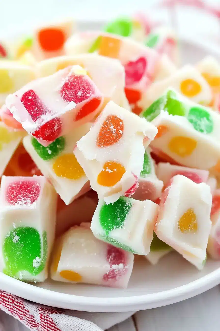 Stacked white nougat candies, each piece bursting with colorful gumdrops in a variety of bright holiday hues.