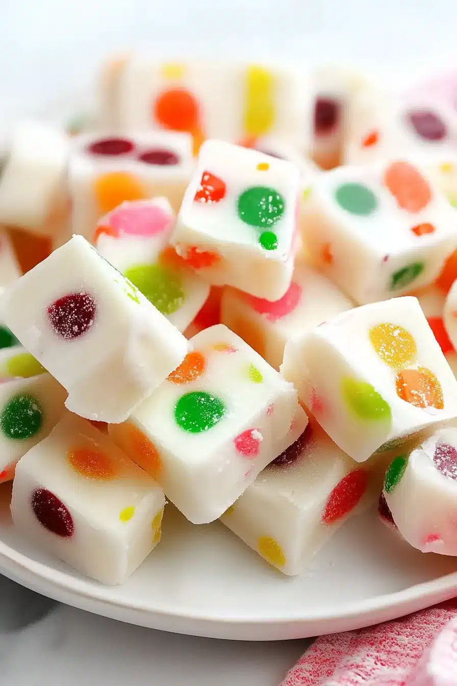 A festive display of chewy gumdrop nougat squares in vivid reds, greens, oranges, and yellows on a white plate.