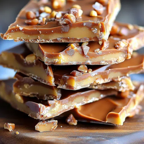 Close-up of crunchy caramelized candy topped with melted chocolate and nuts.