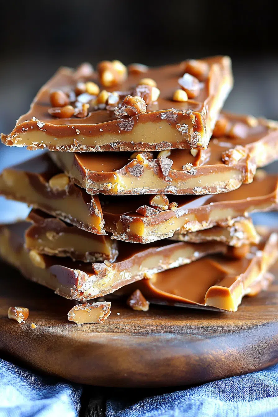 Close-up of crunchy caramelized candy topped with melted chocolate and nuts.
