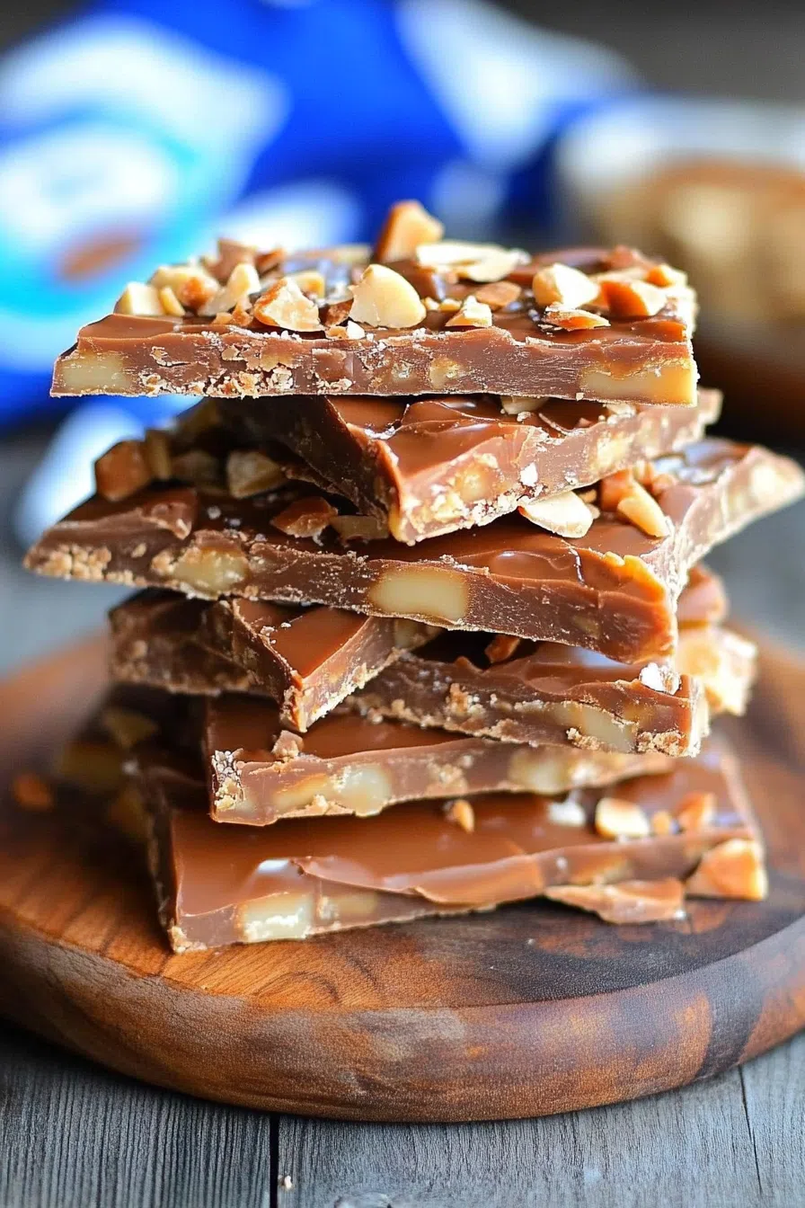 Toffee squares stacked neatly, showcasing their rich layers.