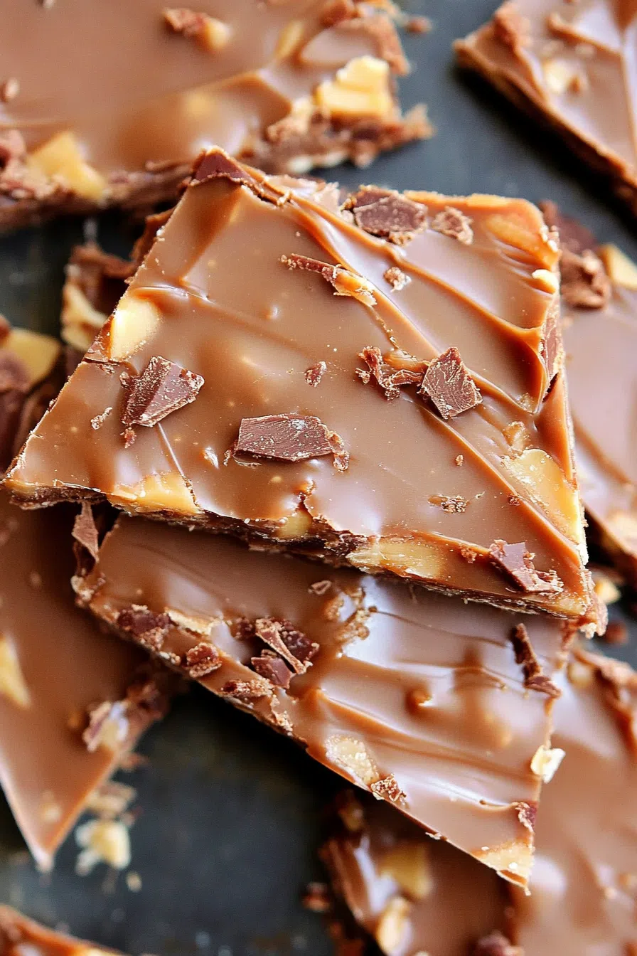 Close-up of homemade candy with a rich caramelized base and chocolate layer.