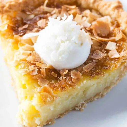 Overhead view of a plated slice with a soft, custard-like texture.