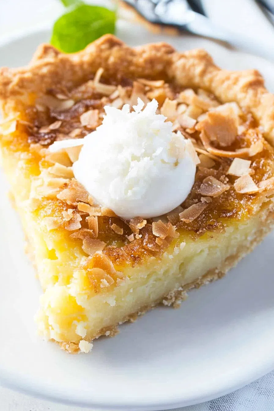 Overhead view of a plated slice with a soft, custard-like texture.