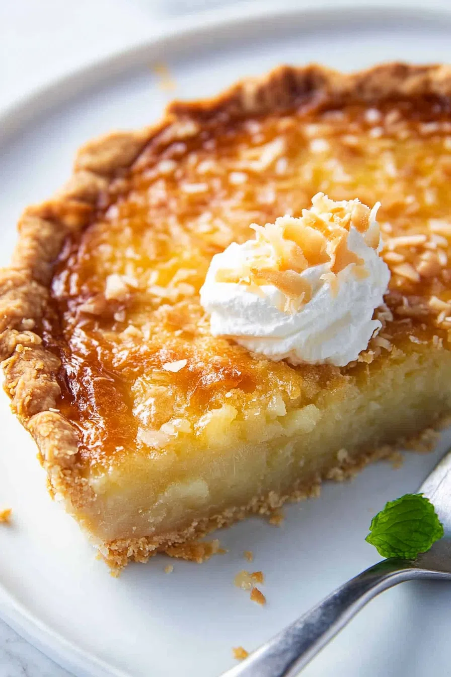 Slice of creamy dessert with a flaky crust on a white plate, fork beside it.