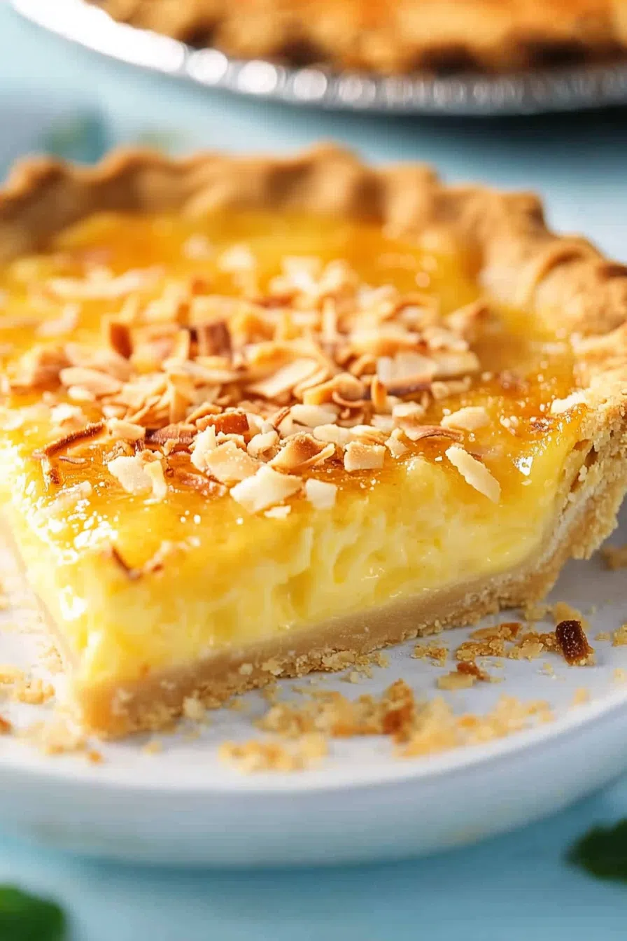 Golden pie with a lightly toasted top, served on a white plate.