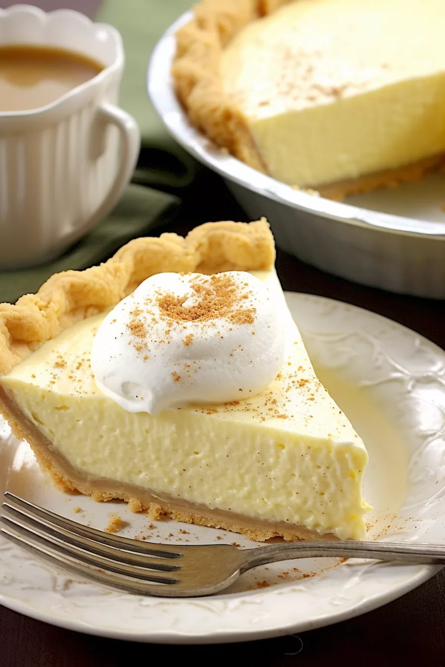 A slice of creamy Eggnog Pie on a plate