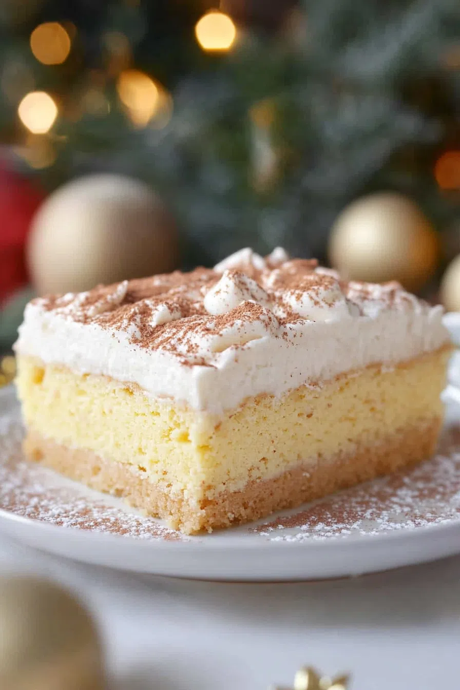 A moist, frosted cake with a dusting of nutmeg, served on a festive plate.