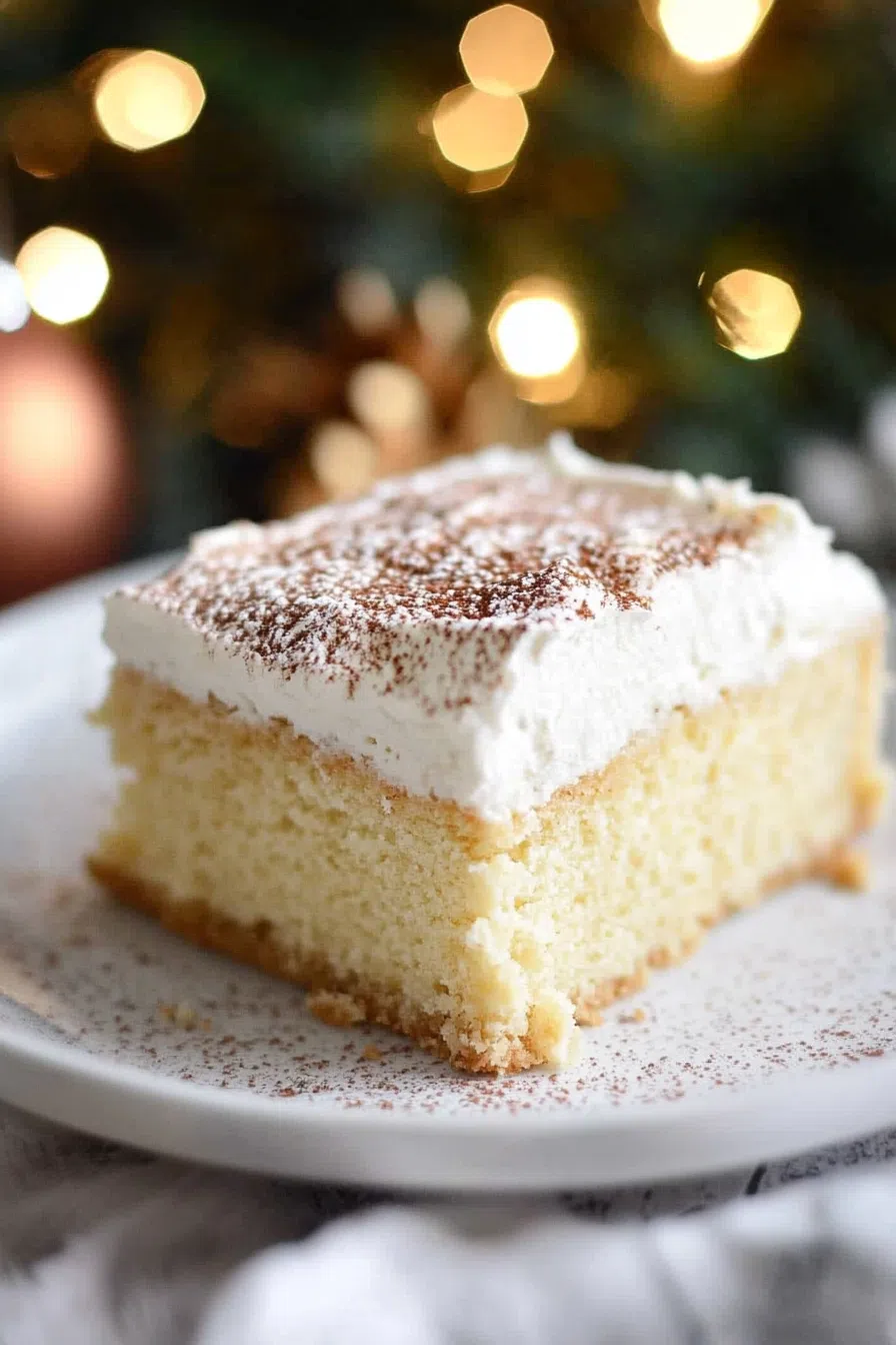 Close-up of a creamy, spiced cake with visible poke holes filled with sweet glaze.