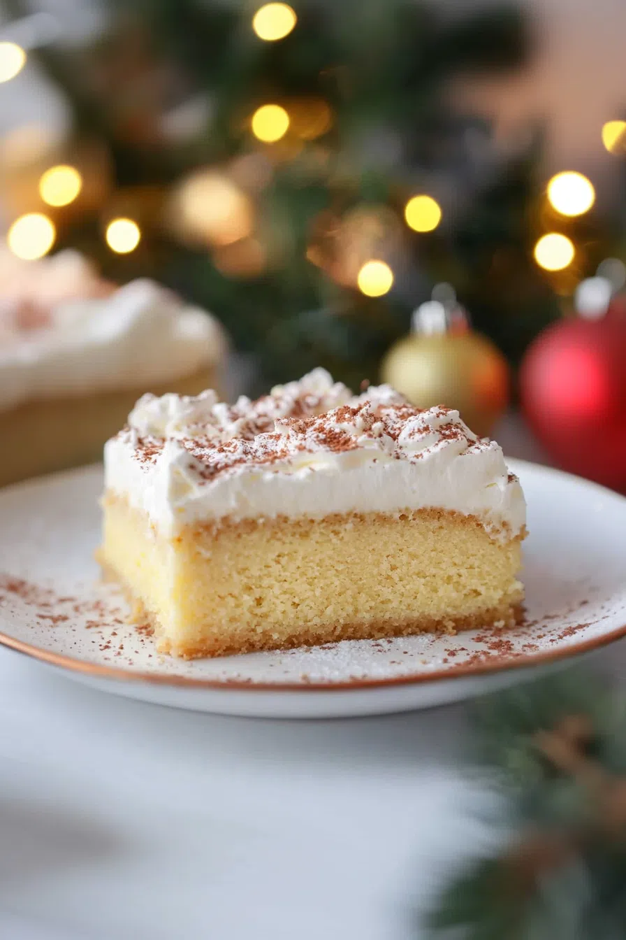 A slice of soft, golden cake topped with whipped frosting and a sprinkle of cinnamon.