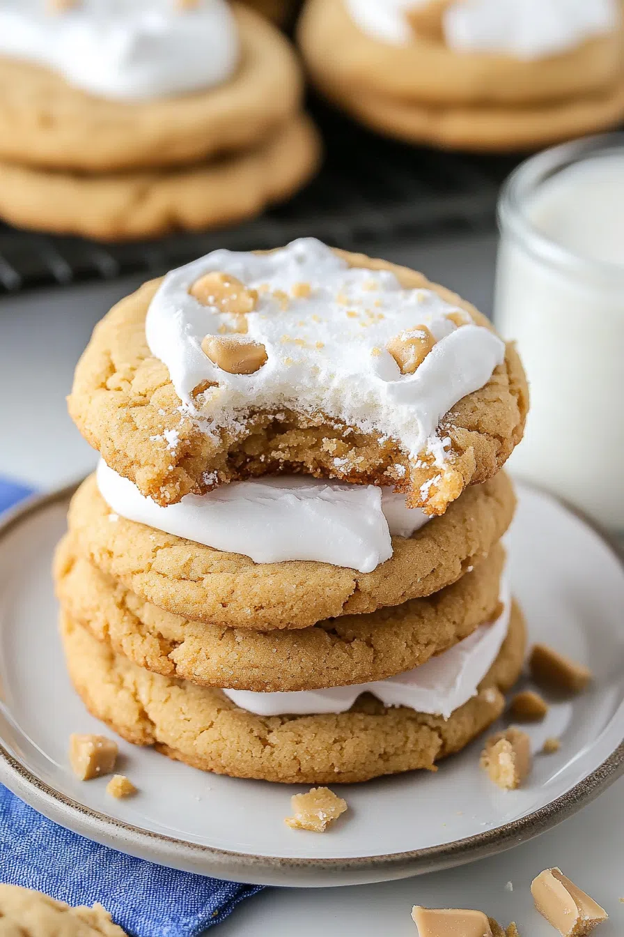 Cookie broken in half, showing a fluffy interior with sticky marshmallow threads.