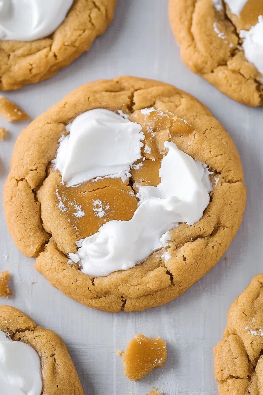 Close-up of chewy cookies resting on parchment paper, highlighting their texture.