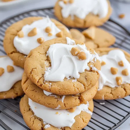 Overhead view of cookies arranged casually on a wire rack for cooling.