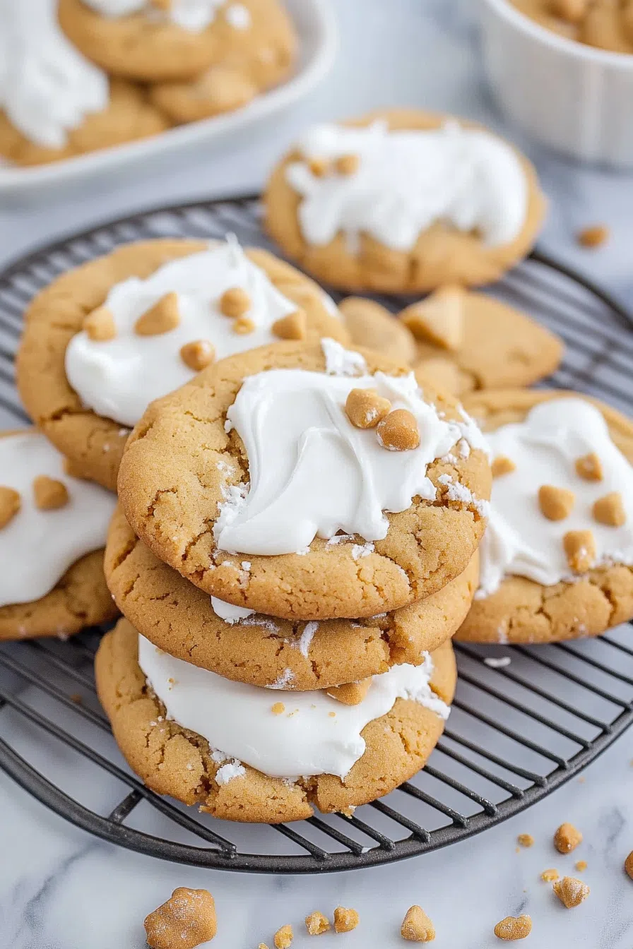 Overhead view of cookies arranged casually on a wire rack for cooling.