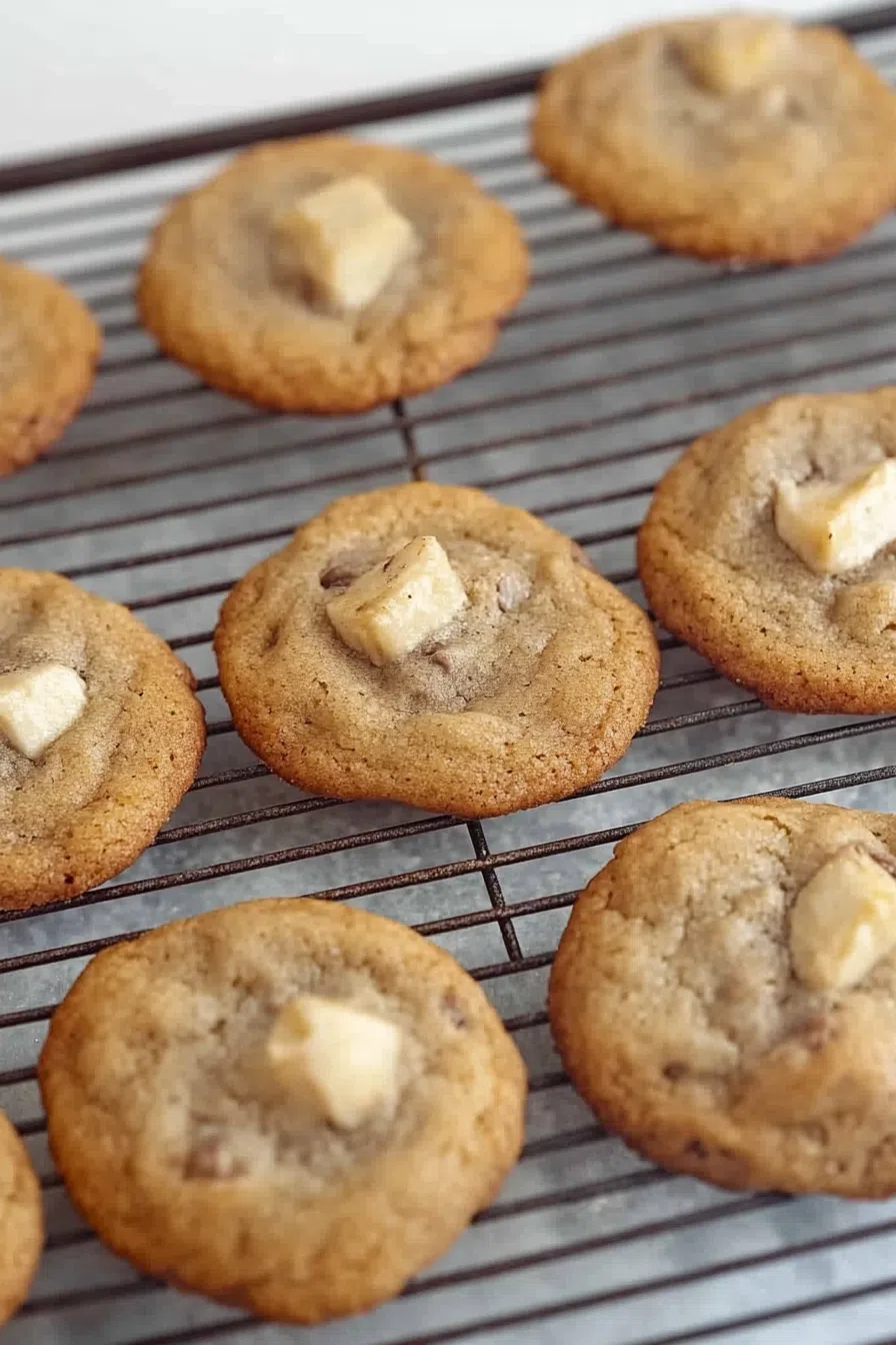 Overhead view of freshly baked cookies cooling on a wire rack.