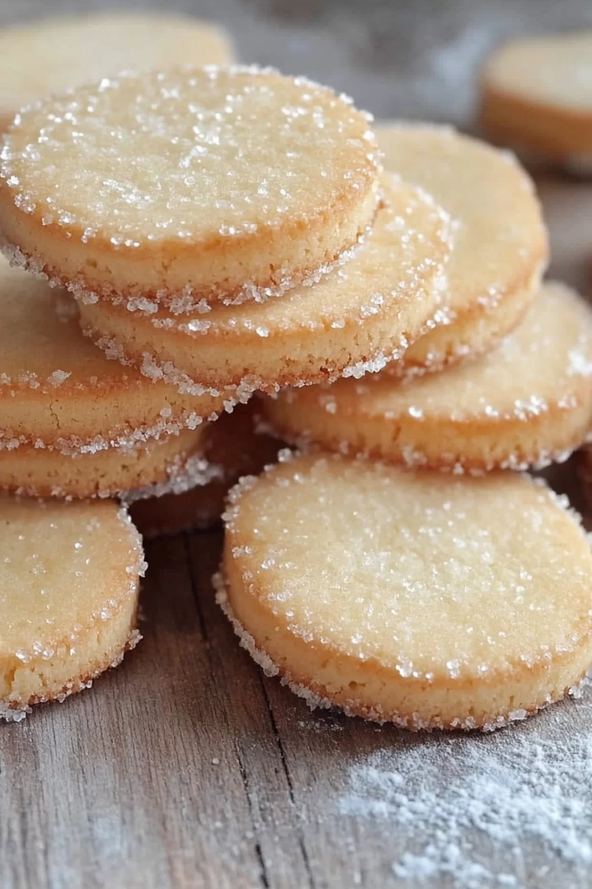 A close-up of crumbly, sugar-coated butter cookies with a hint of sparkle.