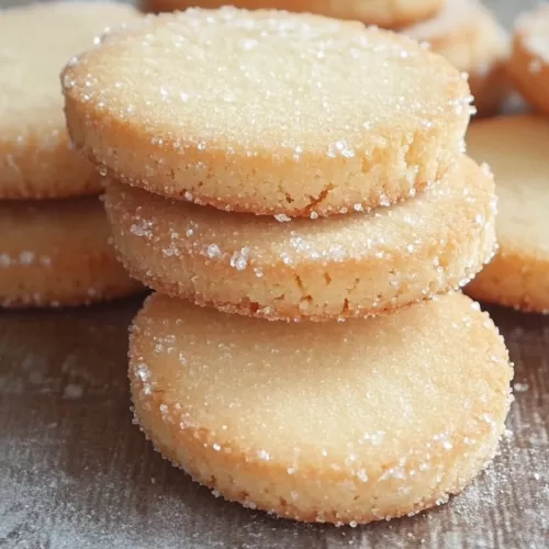 Stacked golden-brown butter cookies lightly dusted with sugar on a rustic wooden surface.