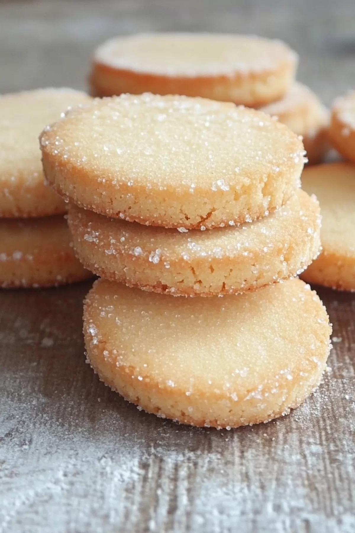 Stacked golden-brown butter cookies lightly dusted with sugar on a rustic wooden surface.