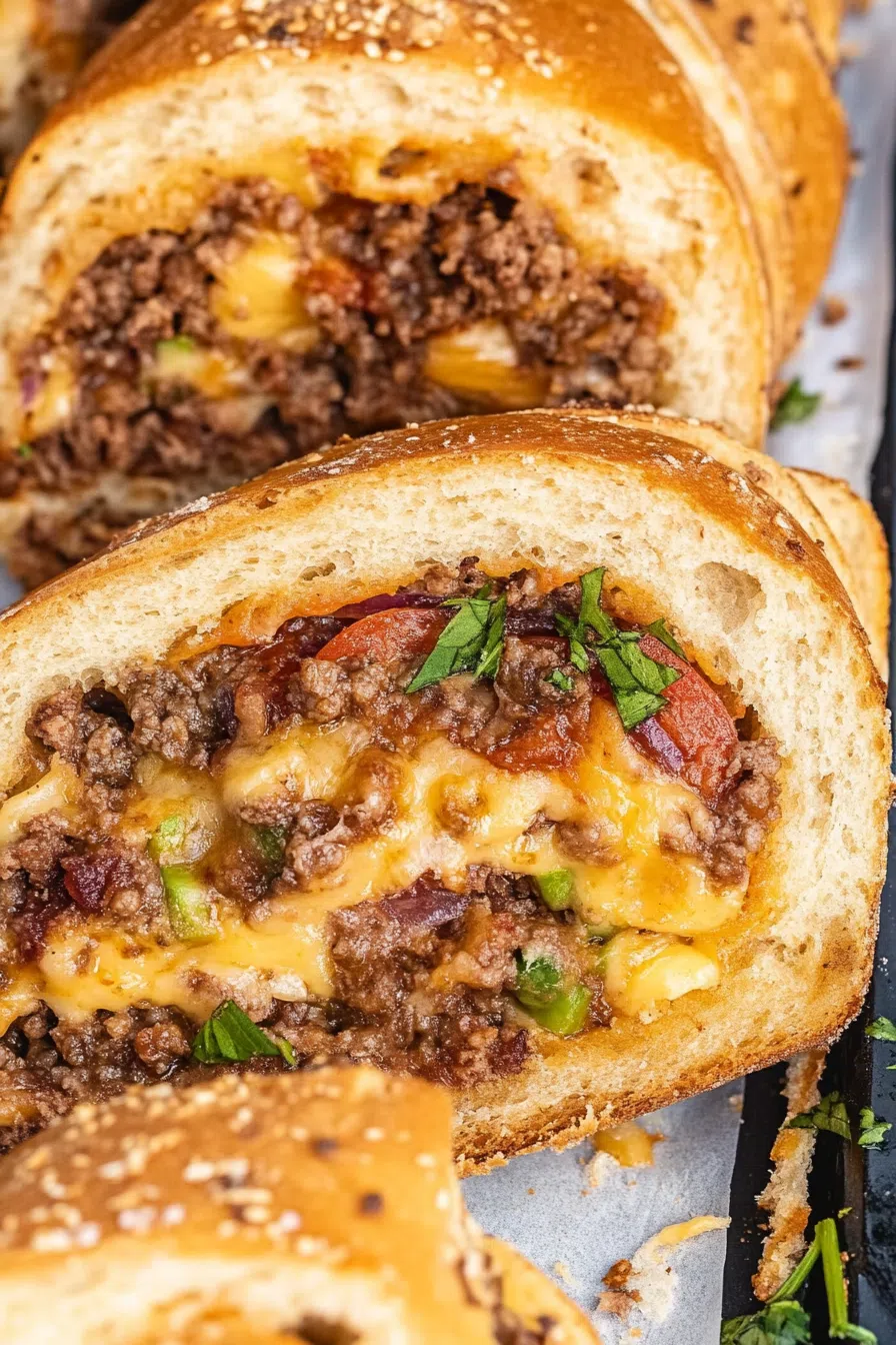 Crispy baked roll with layers of meat, cheese, and savory toppings inside.