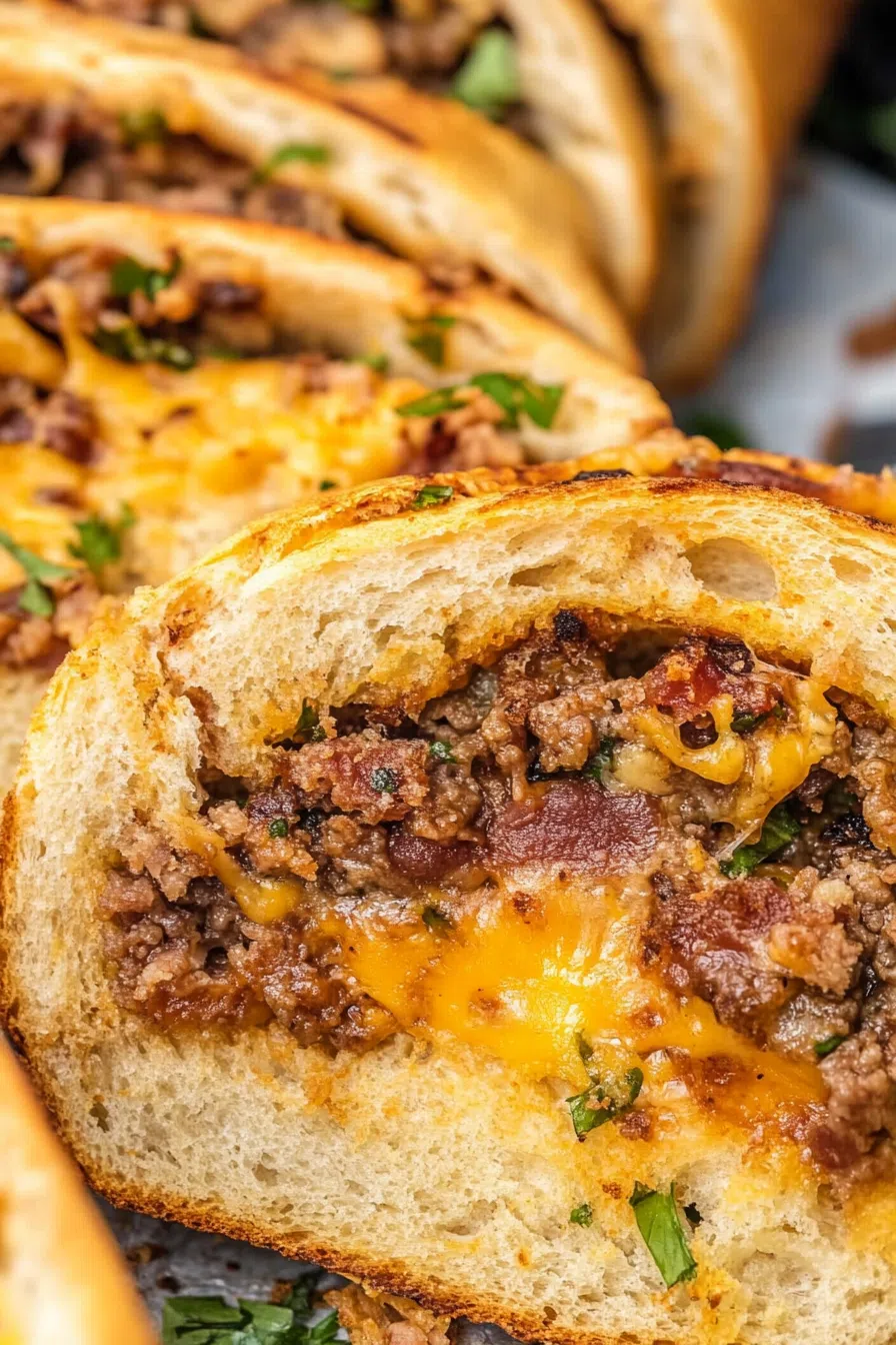 Close-up of melted cheese stretching from a slice of freshly cut bread.