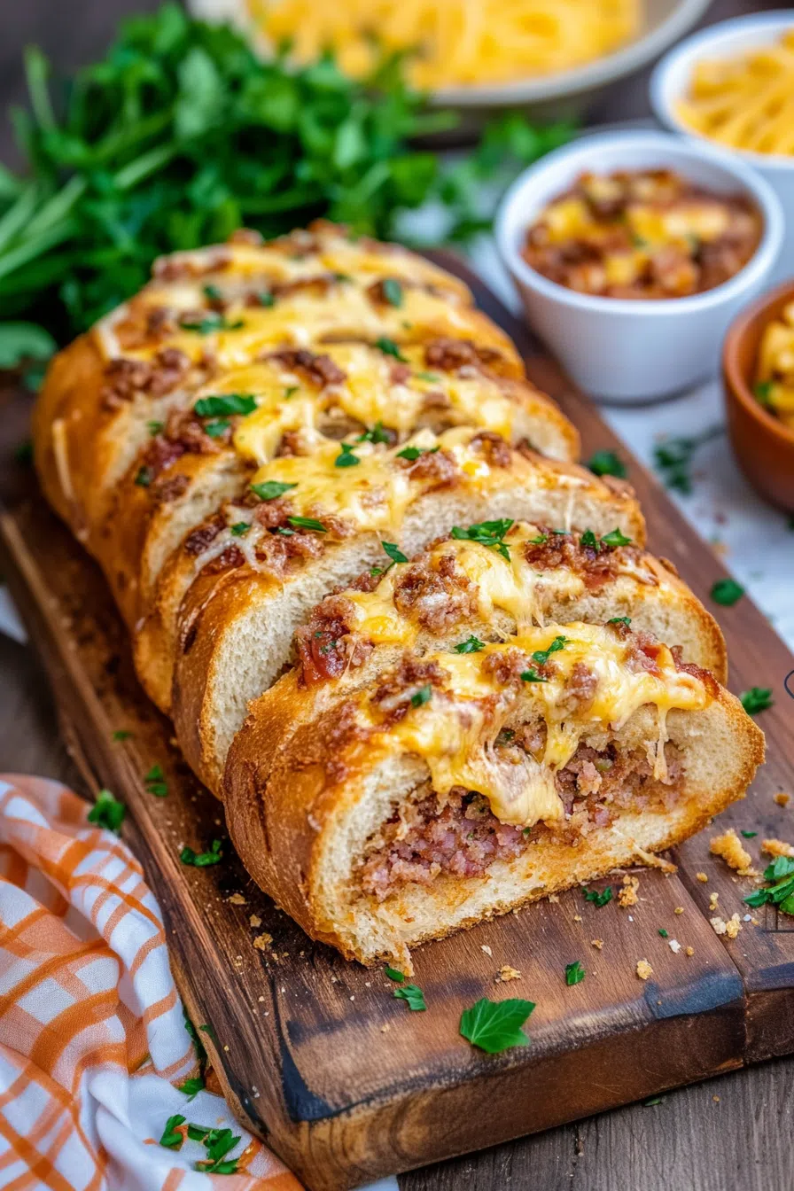Sliced loaf served on a cutting board with dipping sauce on the side.