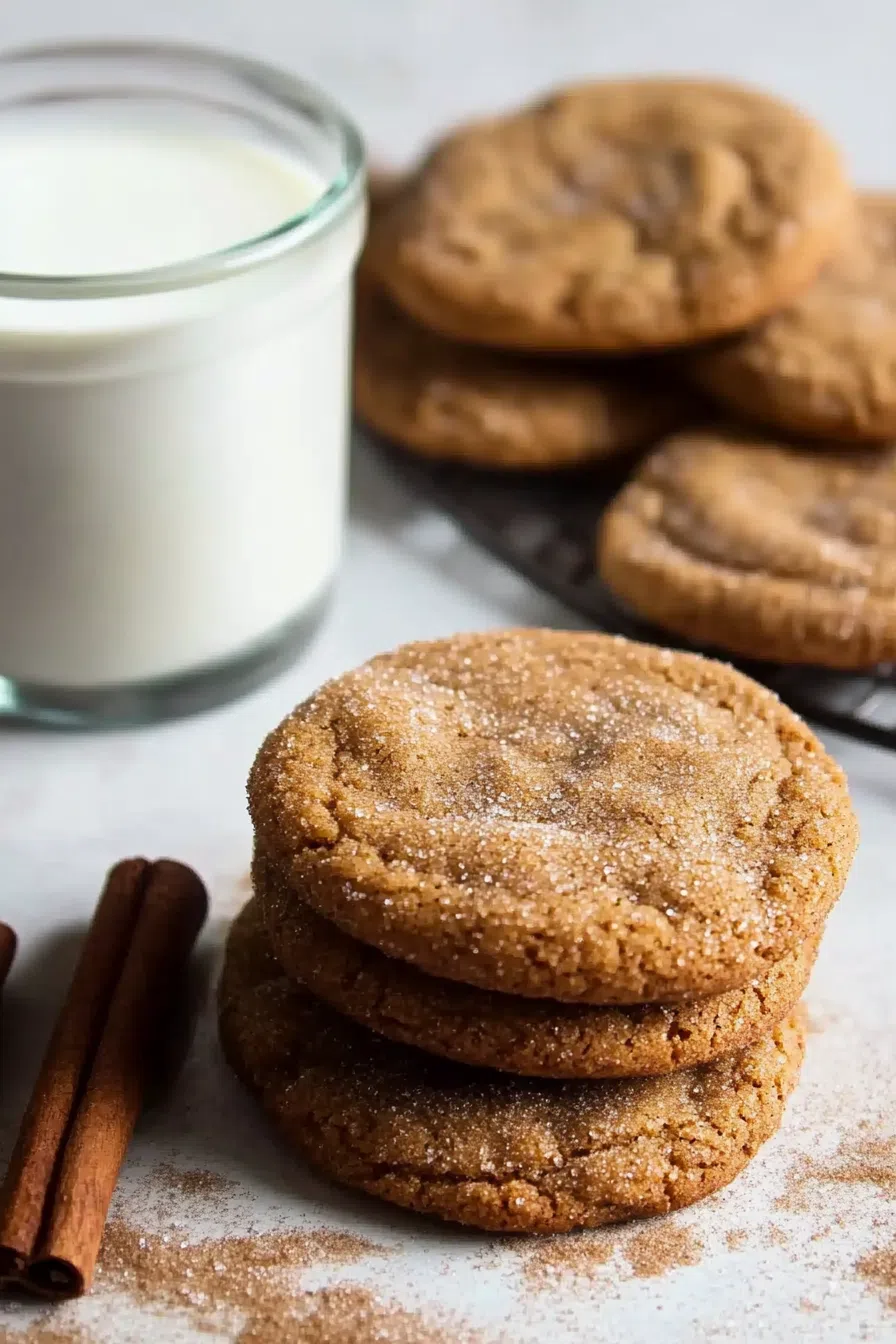 A stack of freshly baked cookies with a crackly, sugar-coated surface.