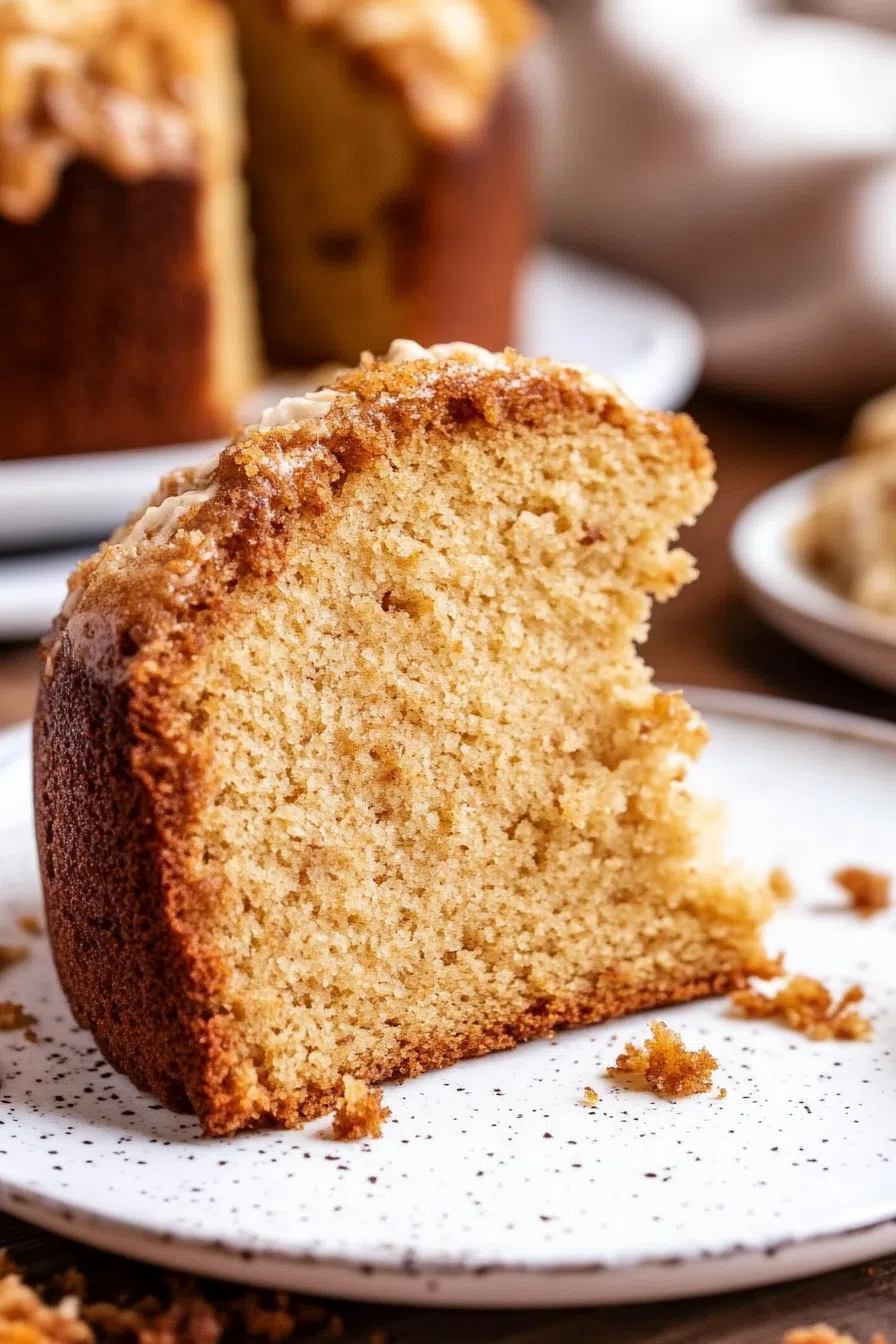 Close-up of a moist, golden cake slice on a dessert plate, glistening with syrup.