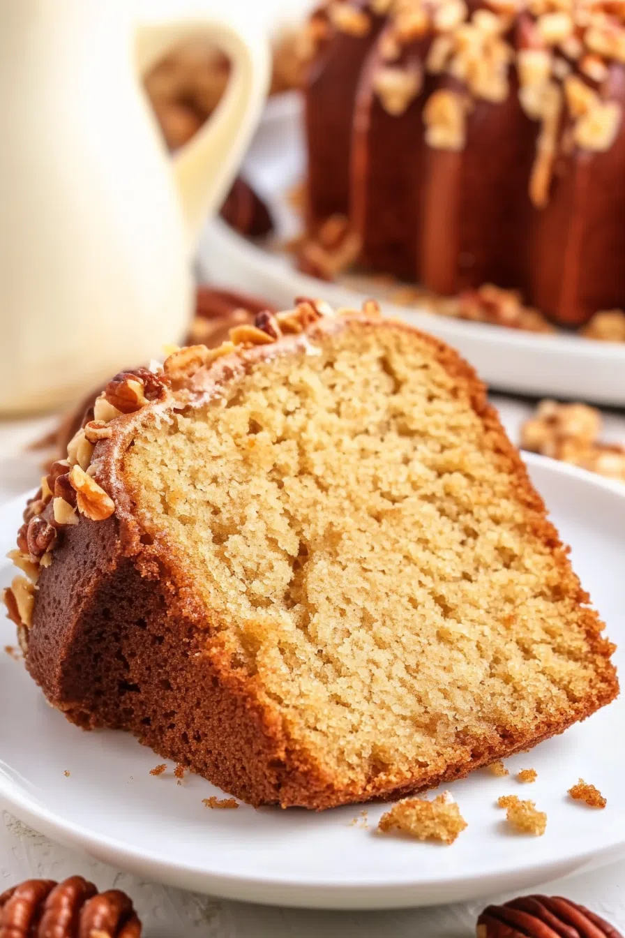 Moist, golden bundt cake resting on a white serving plate.