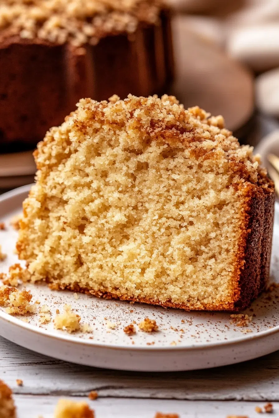Close-up of a dense, syrup-soaked cake slice with a soft crumb.
