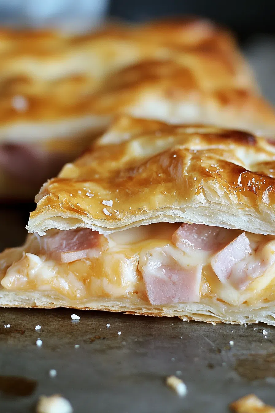 Sliced pastry pieces arranged on a rustic wooden board.