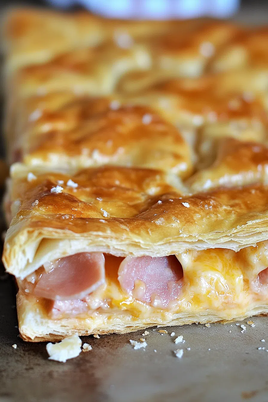 Close-up of a savory snack with layers of melted cheese peeking through.