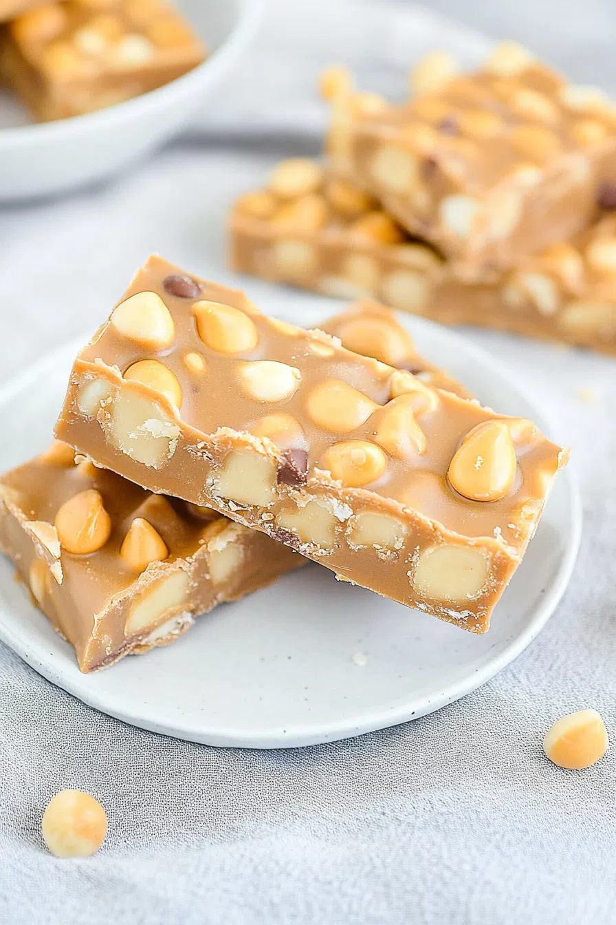 Freshly made nutty caramel bars arranged on a rwhite plate.