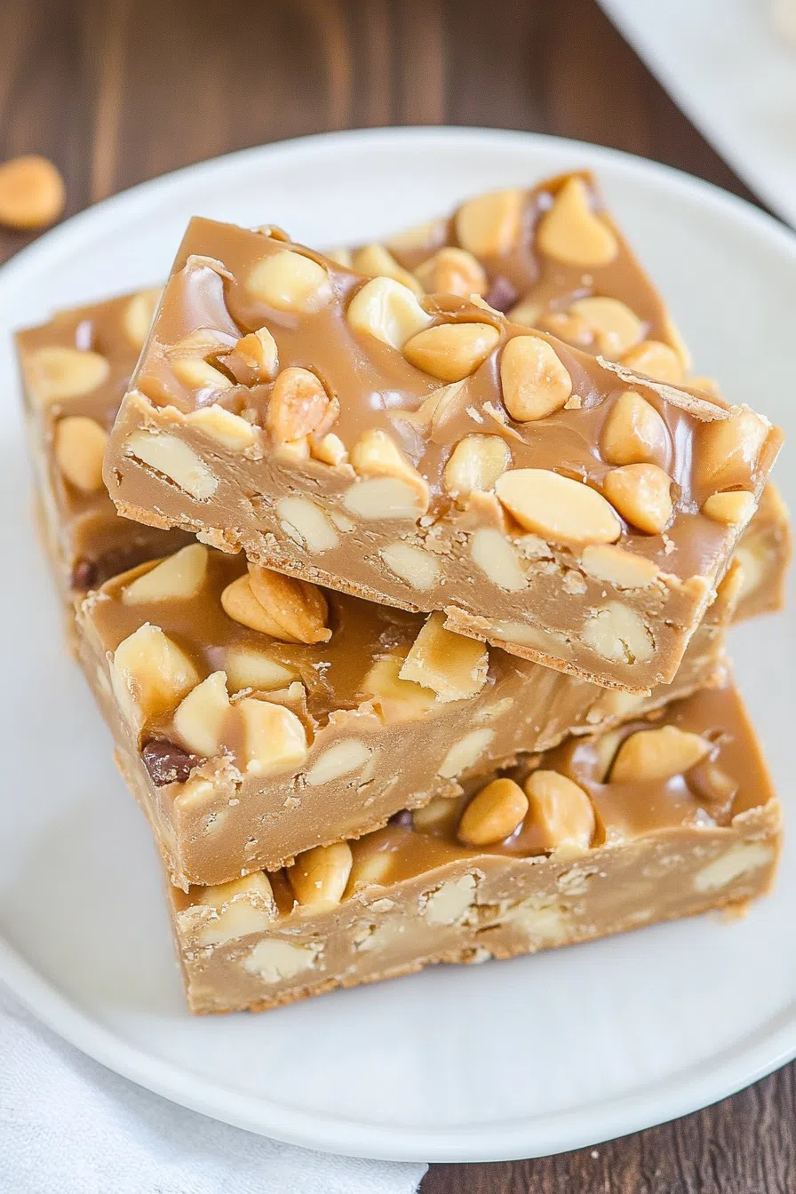 A close-up of peanut-covered candy bars with a soft caramel center.