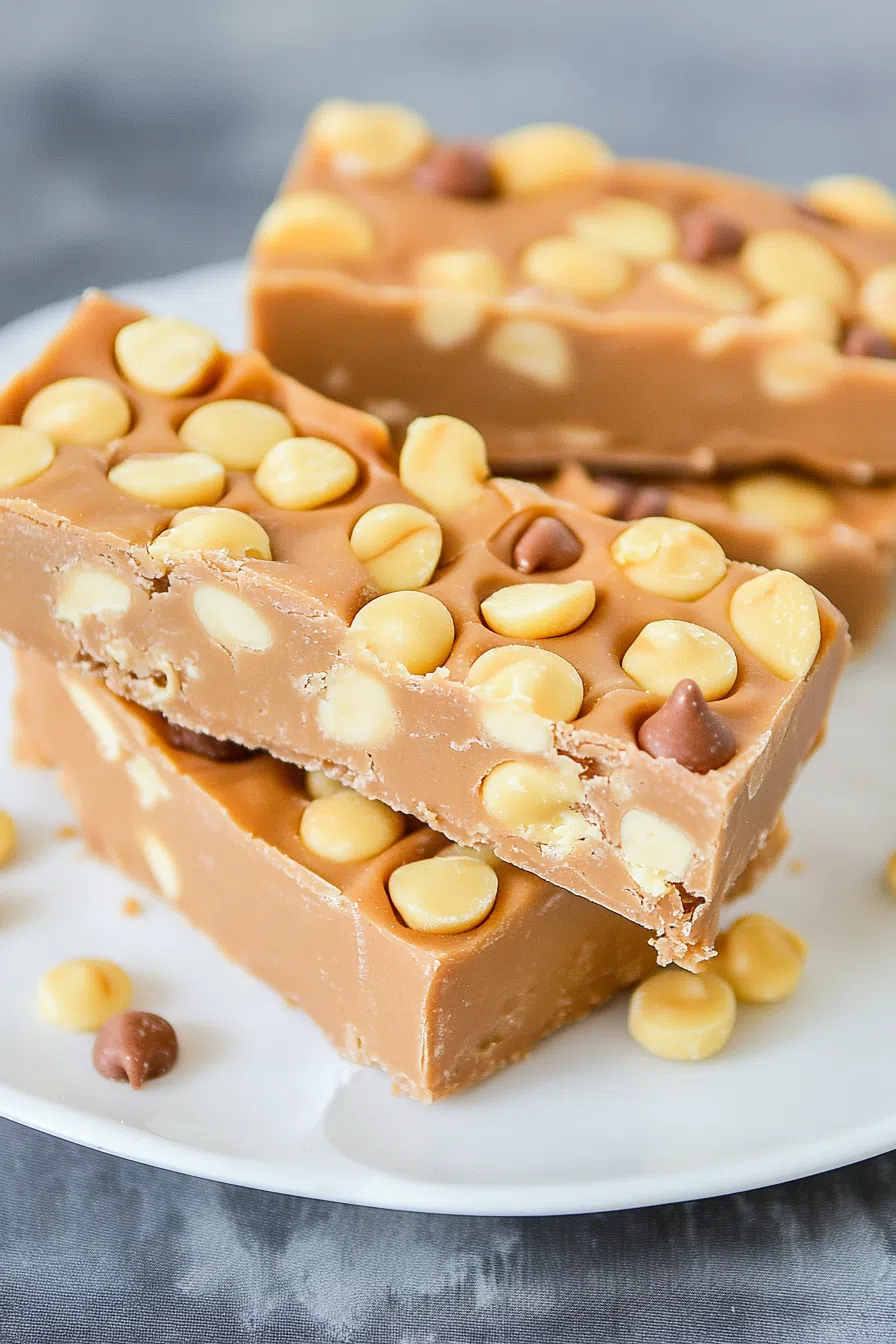 A stack of peanut-covered caramel bars on plate.