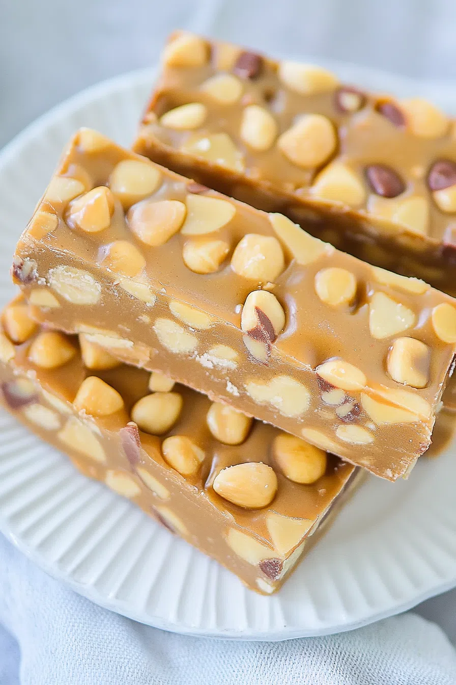 Golden caramel bars coated with crunchy peanuts, neatly stacked on a plate.