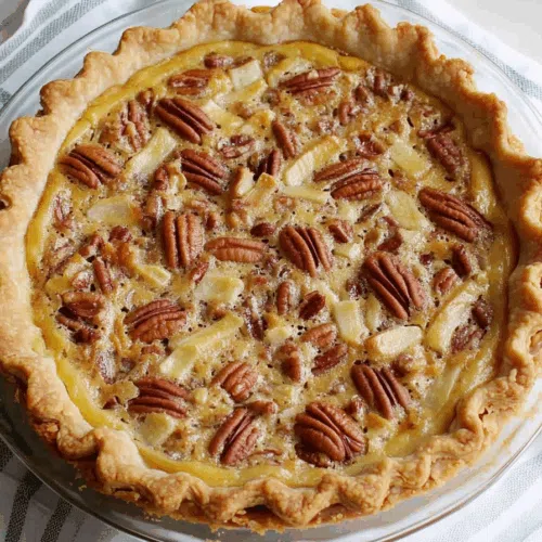 A golden pie slice topped with toasted pecans on a plate.