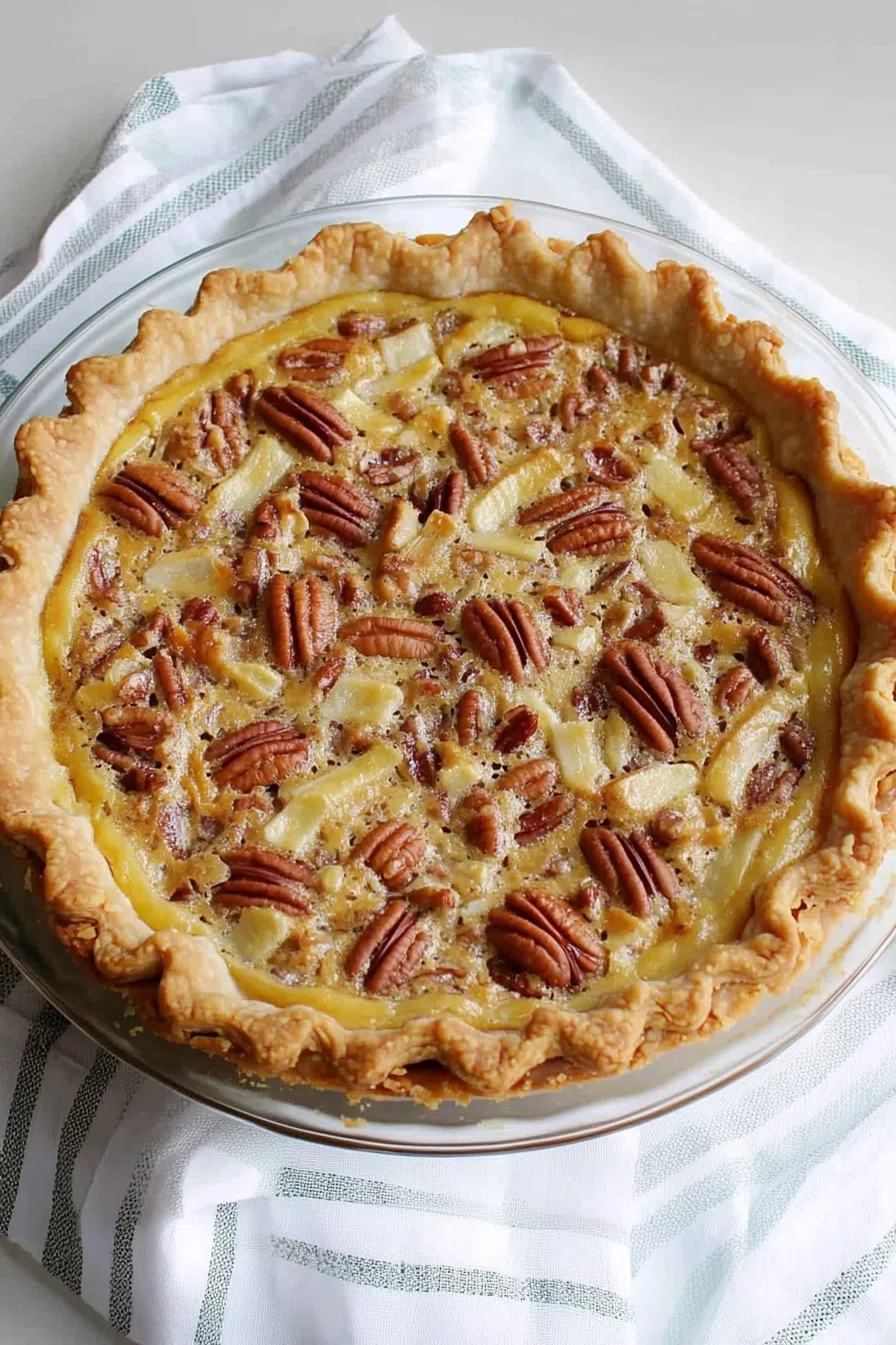 A golden pie slice topped with toasted pecans on a plate.
