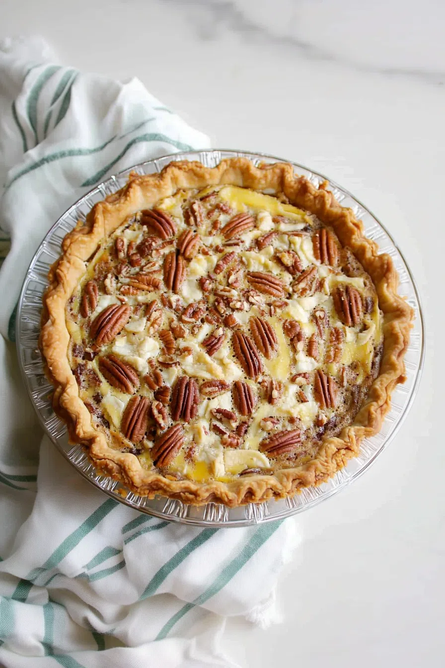 Overhead view of a glossy dessert with a caramelized nut topping
