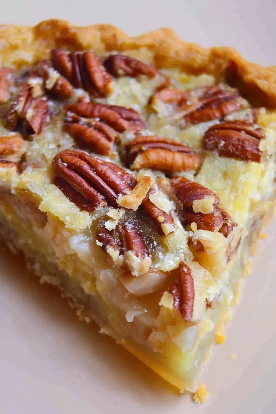 Close-up of a pie crust filled with rich, sticky filling and crunchy pecans