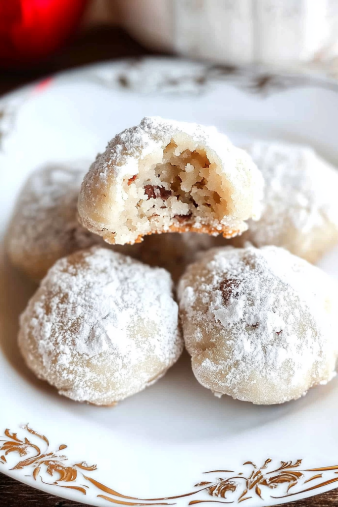 Close-up of a freshly baked butterball cookie with a light dusting of powdered sugar.