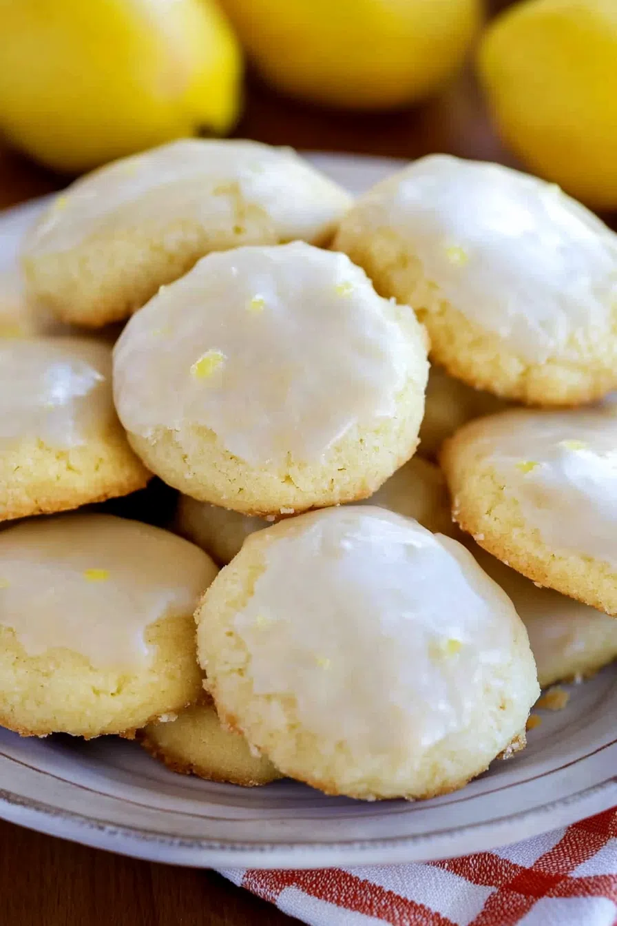 Glazed cookies with a soft, cake-like texture arranged on a white platter.
