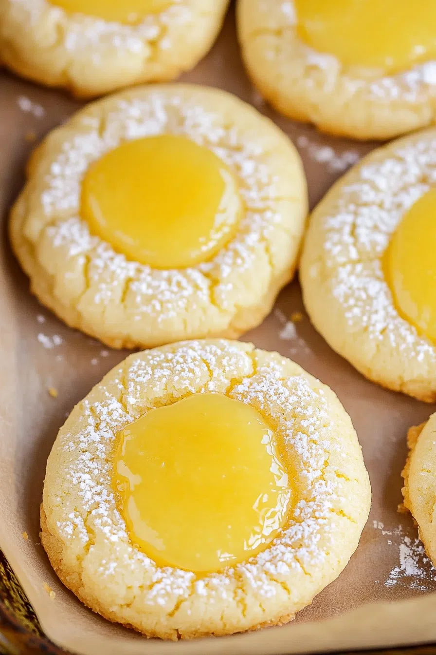 Buttery round cookies with a bright yellow center, arranged on a parchment paper.