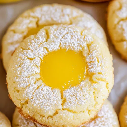 Close-up of buttery cookies with glossy citrus curd in each indentation.