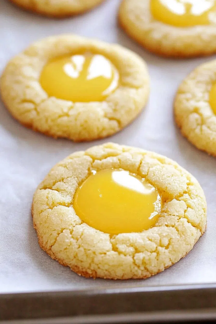 Close-up of a golden cookie with smooth citrus filling in the middle.