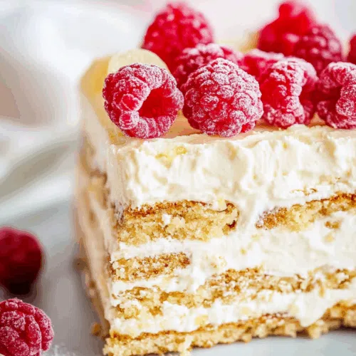 Close-up of a creamy no-bake treat with a biscuit crust and soft layers.