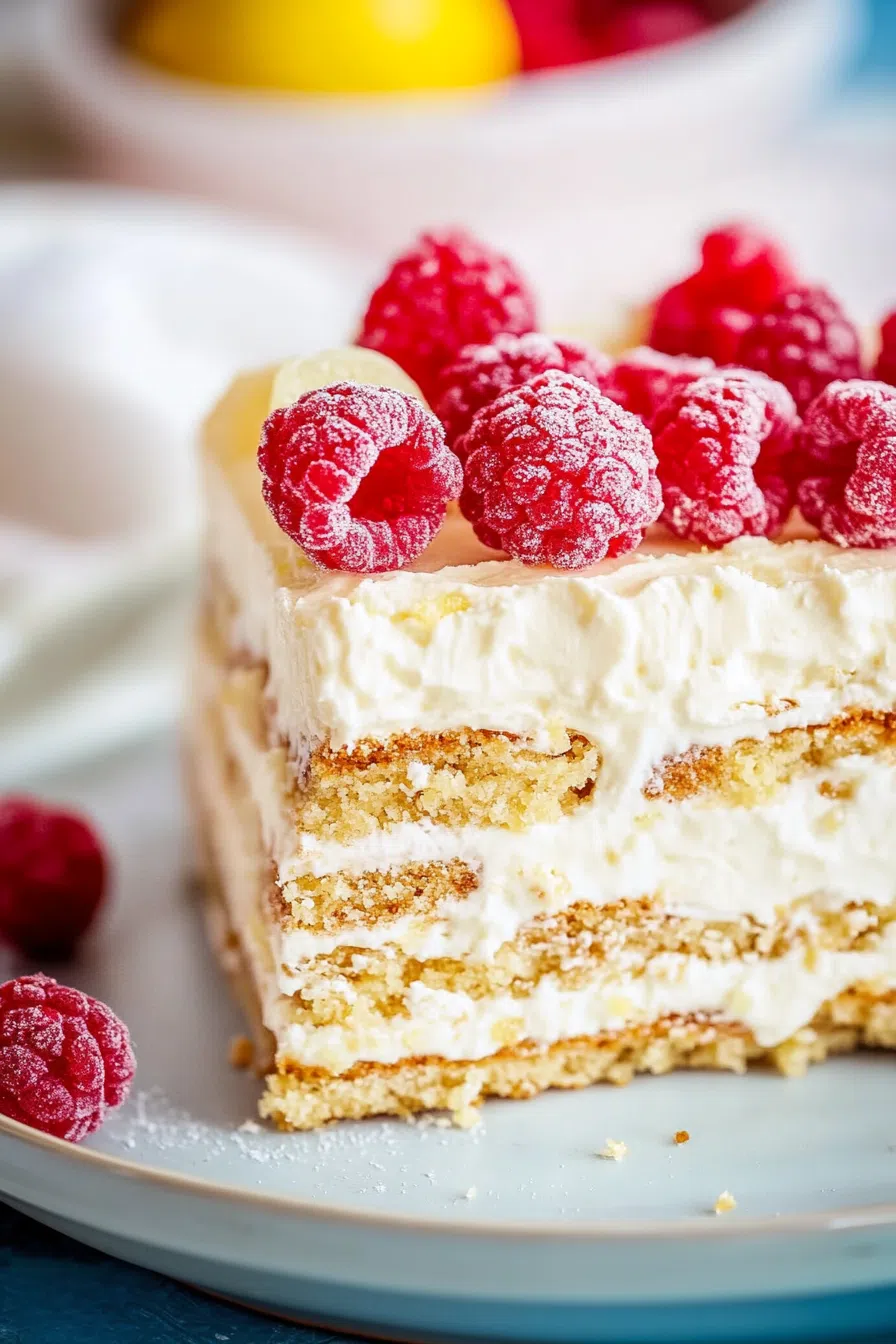Close-up of a creamy no-bake treat with a biscuit crust and soft layers.