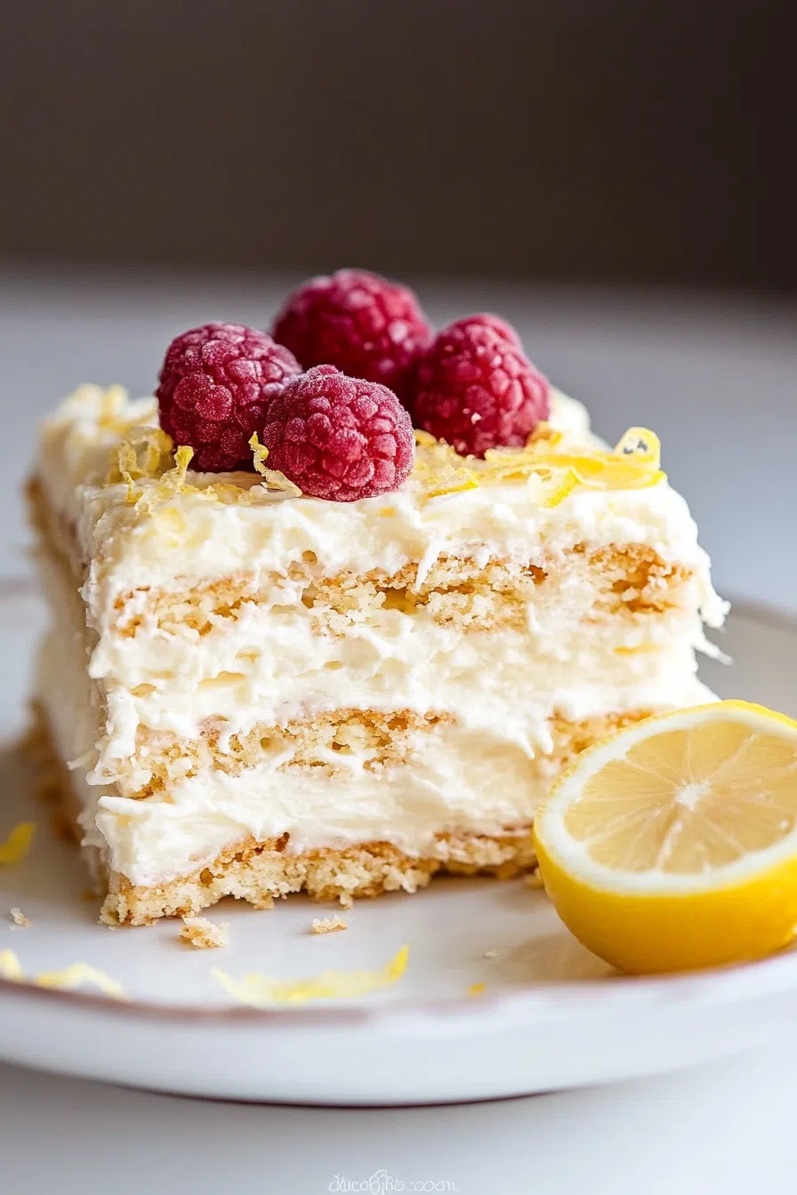 A square piece of layered dessert served on a white plate.