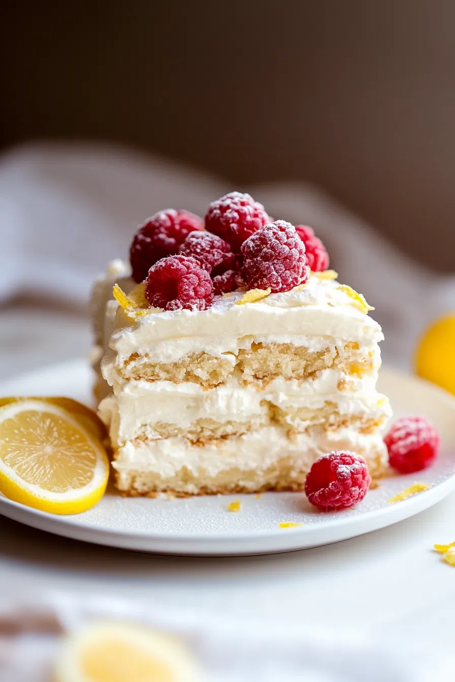 A chilled layered dessert topped with whipped cream and lemon slices.