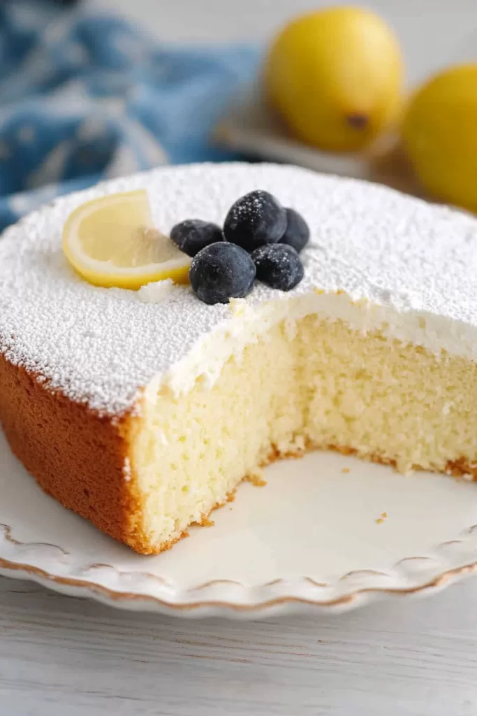 A soft and moist Limoncello ricotta cake dusted with powdered sugar, topped with a lemon slice and fresh berries.