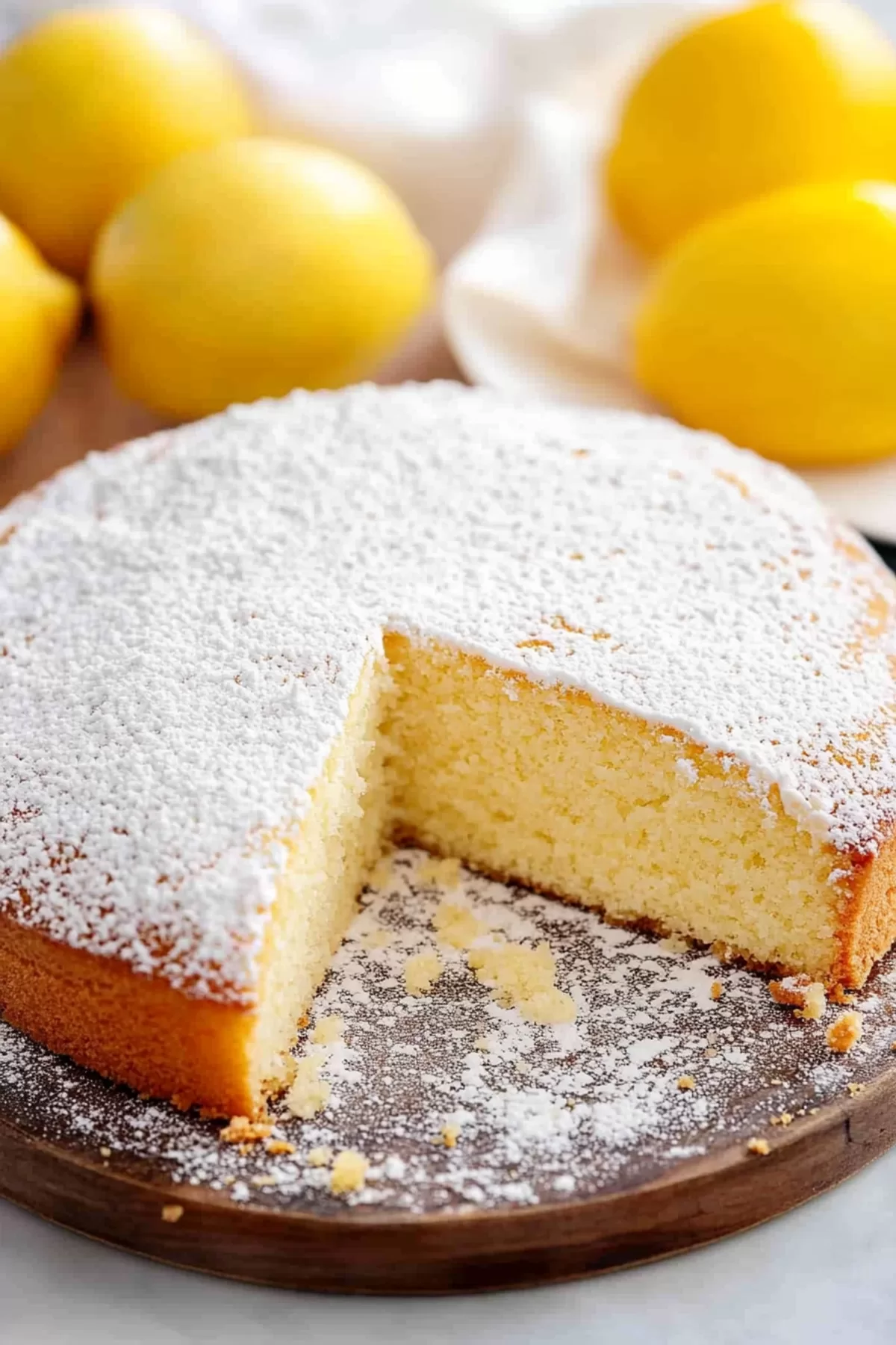 A rich and creamy Limoncello ricotta cake with a slice removed, highlighting its moist interior.